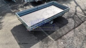 ALFA 14020AP.75 10" 4,05x2,00m méretű, 750kg egytengelyes fék nélküli alsókerekes uniplatós síkplatós utánfutó OLDALFALLAL