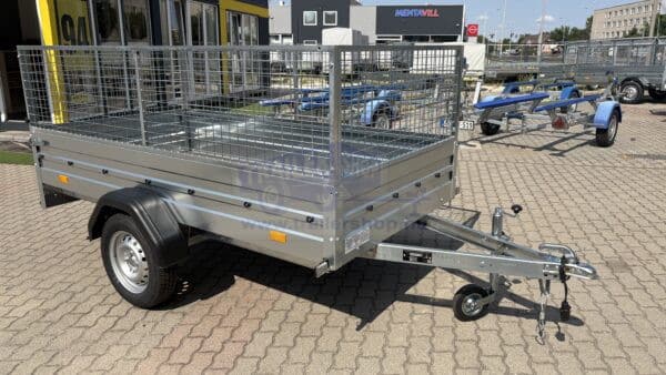 ALFA 12513MN.75 egytengelyes, 2,44x1,25m méretű, 750kg fék nélküli, mellsőkerekes fix oldalfalas nyitott utánfutó RÁCCSAL